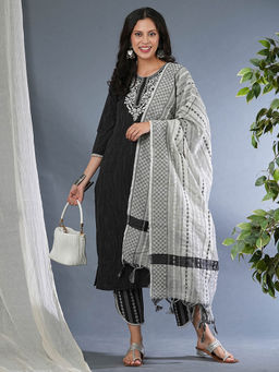 Globus - Women Black Embroidered Yoke Straight Workwear Kurta With Pants & Tasselled Dupatta Set