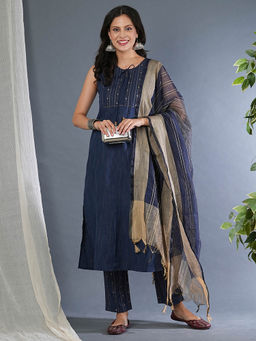 Globus - Women Blue Tie-Up Neck Yoke Design Straight Workwear Kurta With Pants & Yarndyed Dupatta Set