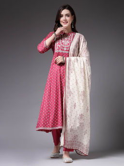 Stylum - Women's Bandhej & Embroidered Pink Rayon Anarkali Kurta with Pant and Dupatta (Set of 3)
