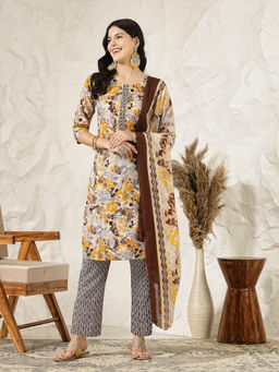 Stylum - Women's Floral Printed Cotton Blend Straight Kurta with Pant and Dupatta (Set of 3)