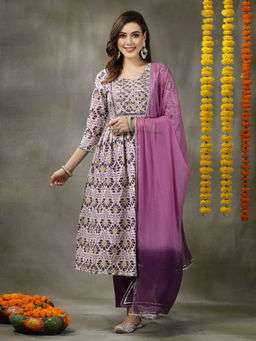 Stylum - Women's Printed & Embroidered Rayon Naira Cut Kurta with Pant and Dupatta (Set of 3)