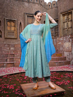 Stylum - Women's Woven & Embroidered Cotton Anarkali Kurta with Pant and Dupatta (Set of 3)