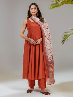 Kasya - Rust Viscose Solid Anarkali with Pant and Printed Cotton Dupatta (Set of 3)
