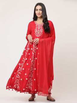 SAVI - Red Embroidered Gathered Kurta with Pant and Dupatta (Set of 3)