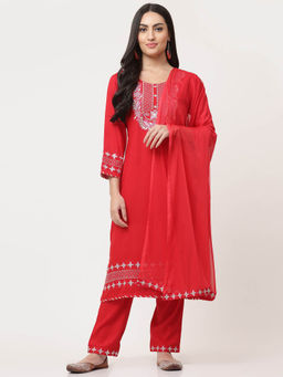 SAVI - Red Embellished Kurta with Pant and Dupatta (Set of 3)