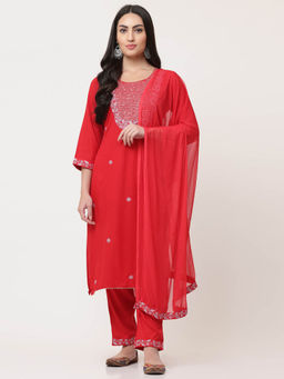 SAVI - Red Embroidered Kurta with Pant and Dupatta (Set of 3)
