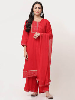 SAVI - Red Embellished Kurta with Palazzo and Dupatta (Set of 3)