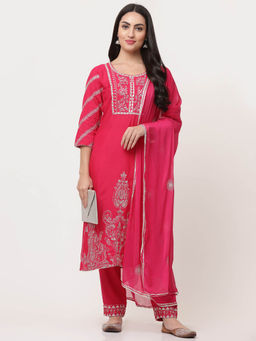 SAVI - Pink Embroidered Kurta with Pant and Dupatta (Set of 3)