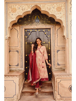 SAVI - Maroon Pure Cotton Floral Print Zari Work A-Line Kurta with Pant and Dupatta (Set of 3)