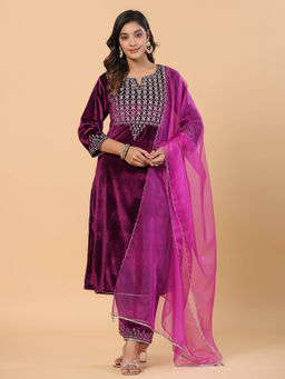 SAVI - Purple Zari Embroidered Velvet Designer Straight Kurta with Pant and Dupatta (Set of 3)