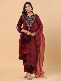 SAVI - Maroon Zari Embroidered Velvet Designer Straight Kurta with Pant and Dupatta (Set of 3)