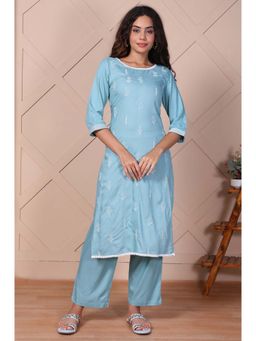 Aurelia - Women'S Blue Embroidered Rayon Straight Kurta and Pant
