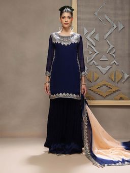 Kyra by Bhavna - Navy Blue Gulzar Kurta with Palazzo and Dupatta