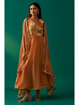 WISHFUL by W - Orange Embroidered Flared Anarkali with Churidar and Dupatta