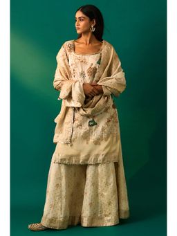 WISHFUL by W - Beige Floral Embroidered Kurta with Sharara and Dupatta