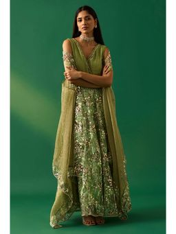 WISHFUL by W - Green Floral Embroidered Anarkali with Churidar and Dupatta