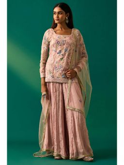 WISHFUL by W - Pink Floral Embroidered Straight Kurta with Sharara and Dupatta