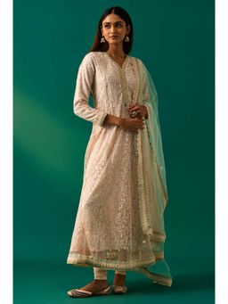 WISHFUL by W - Beige Floral Embroidered Anarkali with Churidar and Dupatta