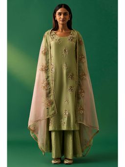WISHFUL by W - Green Embroidered Straight Cotton Kurta with Palazzo and Dupatta