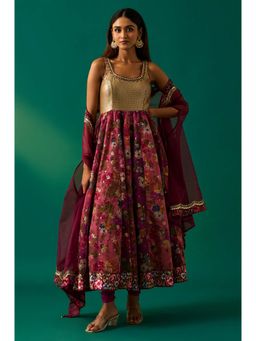 WISHFUL by W - Maroon Floral Printed Anarkali Kurta with Churidar and Dupatta