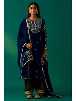 WISHFUL by W - Blue Embroidered Velvet Kurta with Salwar and Dupatta