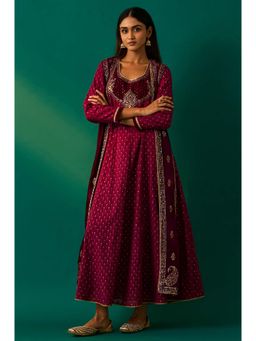 WISHFUL by W - Maroon Embroidered Anarkali with Jacket and Churidar