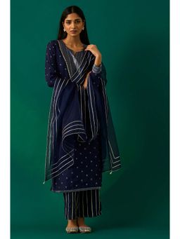 WISHFUL by W - Navy Blue Embroidered Straight Kurta with Pant and Dupatta