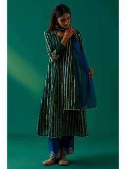 WISHFUL by W - Green Striped Embroidered Angrakha Kurta with Pant and Dupatta