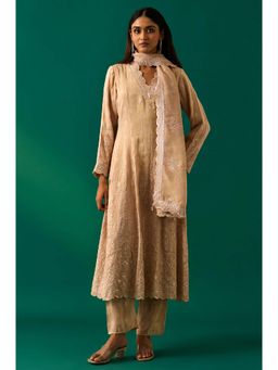 Wishful - Beige Embroidered Anarkali Kurta with Pant and Dupatta