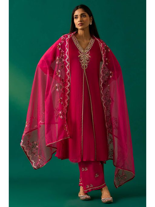 Wishful Pink Embroidered Flared Kurta with Pant and Dupatta