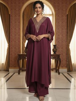 Varanga - Burgundy Zari Embroidered Flared Kaftan with Pant