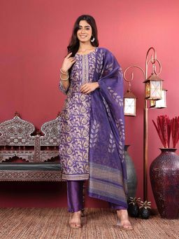 Varanga - Women Purple Floral Printed Straight Kurta with Pant and Dupatta.