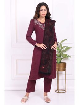 W - Burgundy Embroidered Straight Crepe Kurta with Pant and Dupatta