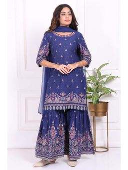 W - Blue Floral Printed Cotton Straight Kurta with Sharara and Dupatta