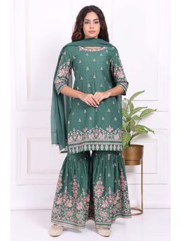 W - Green Floral Printed Cotton Straight Kurta with Sharara and Dupatta