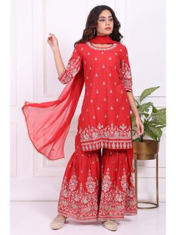 W - Red Floral Printed Cotton Straight Kurta with Sharara and Dupatta