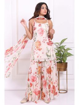 W - Floral Printed Crepe White A-Line Kurta with Palazzo and Dupatta