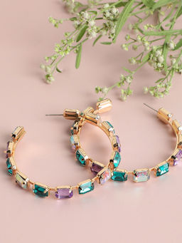 Sohi - Green Stones Gold Plated Hoop Earrings