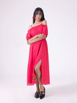 SHAYE - Pink Off Shoulder Half Sleeves Midi Shirt Dress