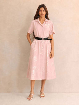 SHAYE - Pink Printed Spread Collar Short Sleeves Midi Shirt Dress with Belt