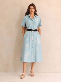 SHAYE - Blue Printed Spread Collar Short Sleeves Midi Shirt Dress with Belt