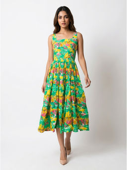 GAIIA - Green Petal Pop Square Neck Cotton Dress