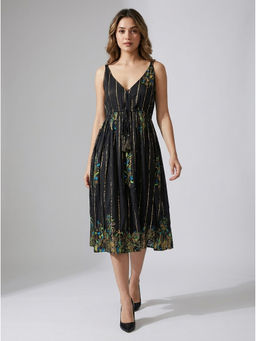 GAIIA - Black Printed V-Neck Tie-Waist Dress