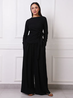 Exude - Black Ribbed Boat Neck Tie-Waist Co-Ord Set