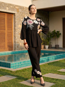 ZUMMER - Black Rayon Applique Round Neck Top with Pant