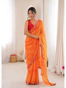 Nyri - Beautiful Bandhej Printed Georgette Saree with Double Arco Mirror Work Border - Orange