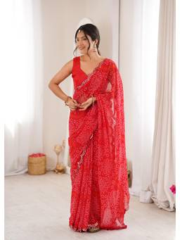 Nyri - Beautiful Bandhej Printed Georgette Saree with Double Arco Mirror Work Border - Red