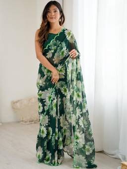 Nyri - Beautiful Floral Printed with Mirror Work Georgette Saree - Green