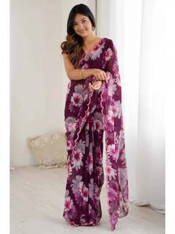 Nyri - Beautiful Floral Printed with Mirror Work Georgette Saree - Burgundy