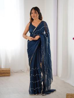 Nyri - Designer Beads Work Saree with Lace Border - Teal